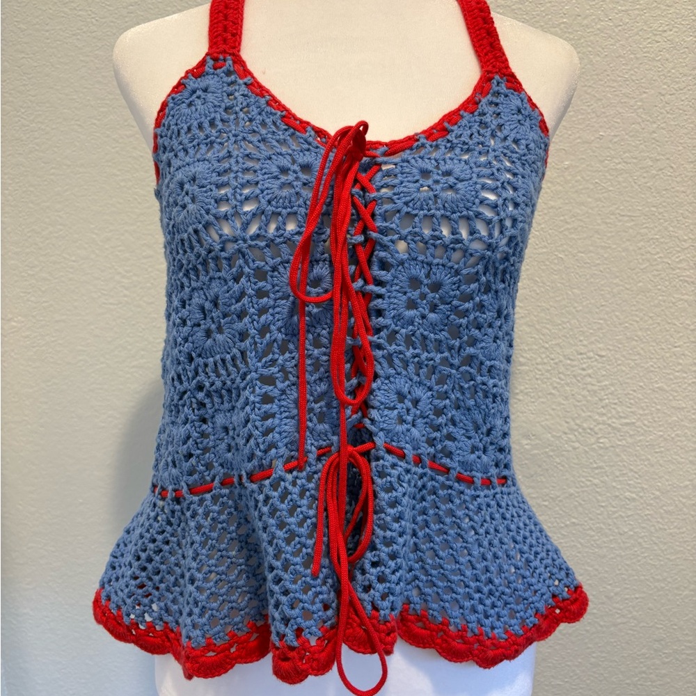 STAUD Blue Crochet Tank Top with Red Accents